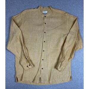 Paul Fredrick Shirt Mens Large Beige 100% Linen Band Collar Long Sleeve Casual